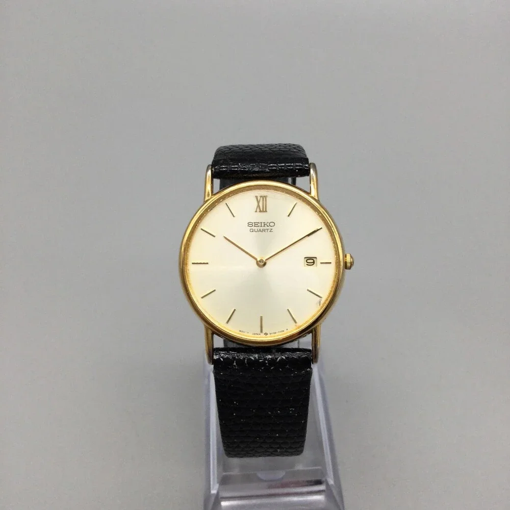 Vintage Seiko 5Y39-7010 Mens Watch 31mm Cream Dial Black Leather Not Running